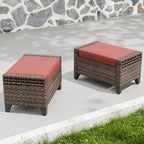 2 Pieces Modern Outdoor Wicker Patio Footstools, Multipurpose PE Rattan Ottomans Set for Poolside, Backyard and Balcony, Brown/Red