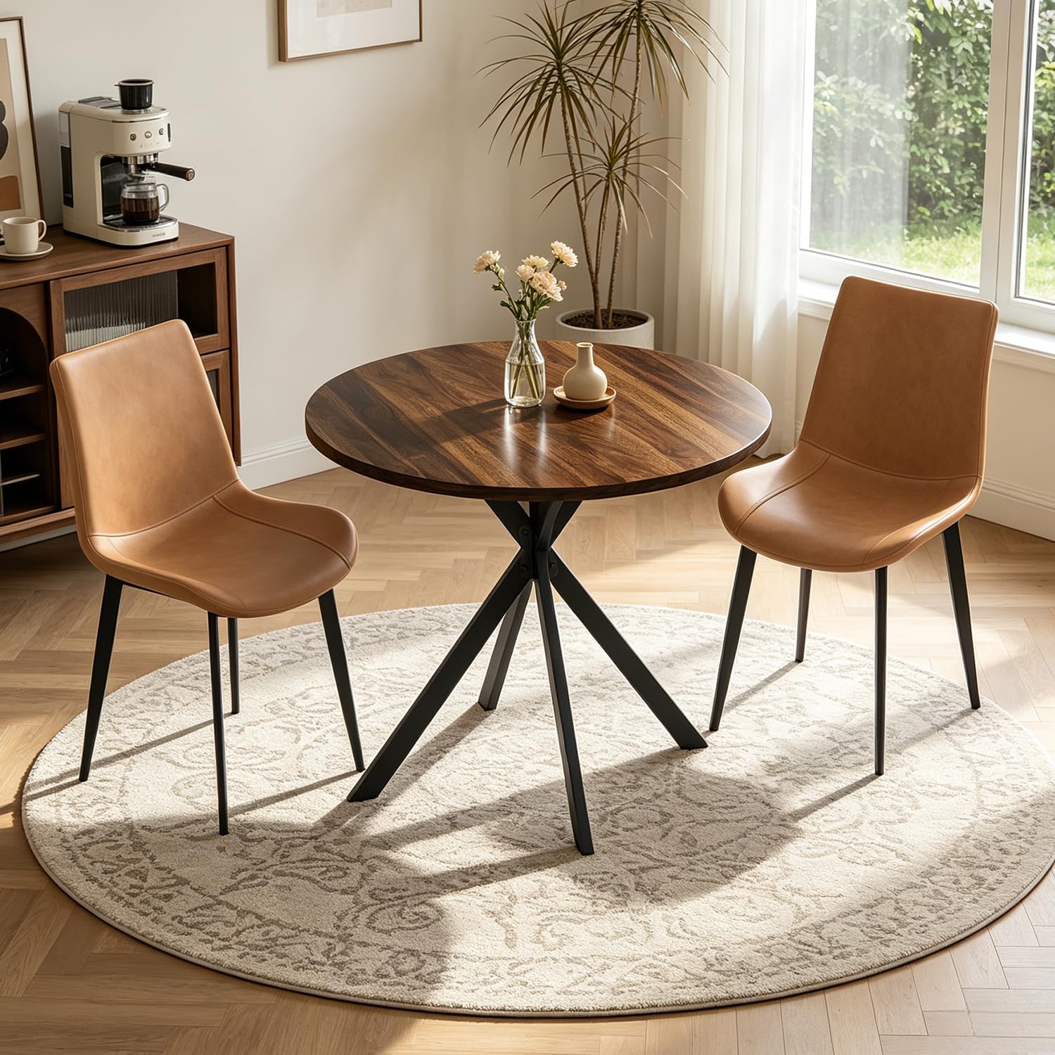 31.5" Round Dining Table and Chairs Set for 2, Small Dining Table Chairs Set Space-Saving, Small Dinette Sets for 2 for Kitchen Dining Room Apartment(Walnut Table + Brown Chairs)