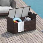 RELAX4LIFE Wicker Outdoor Storage Bench - 68 Gallon Rattan Deck Box w/Side Handles & Soft Cushion for Pillows, Garden Tools, Pool Accessories, Sports Equipment, Patio Bench with Storage for Porch