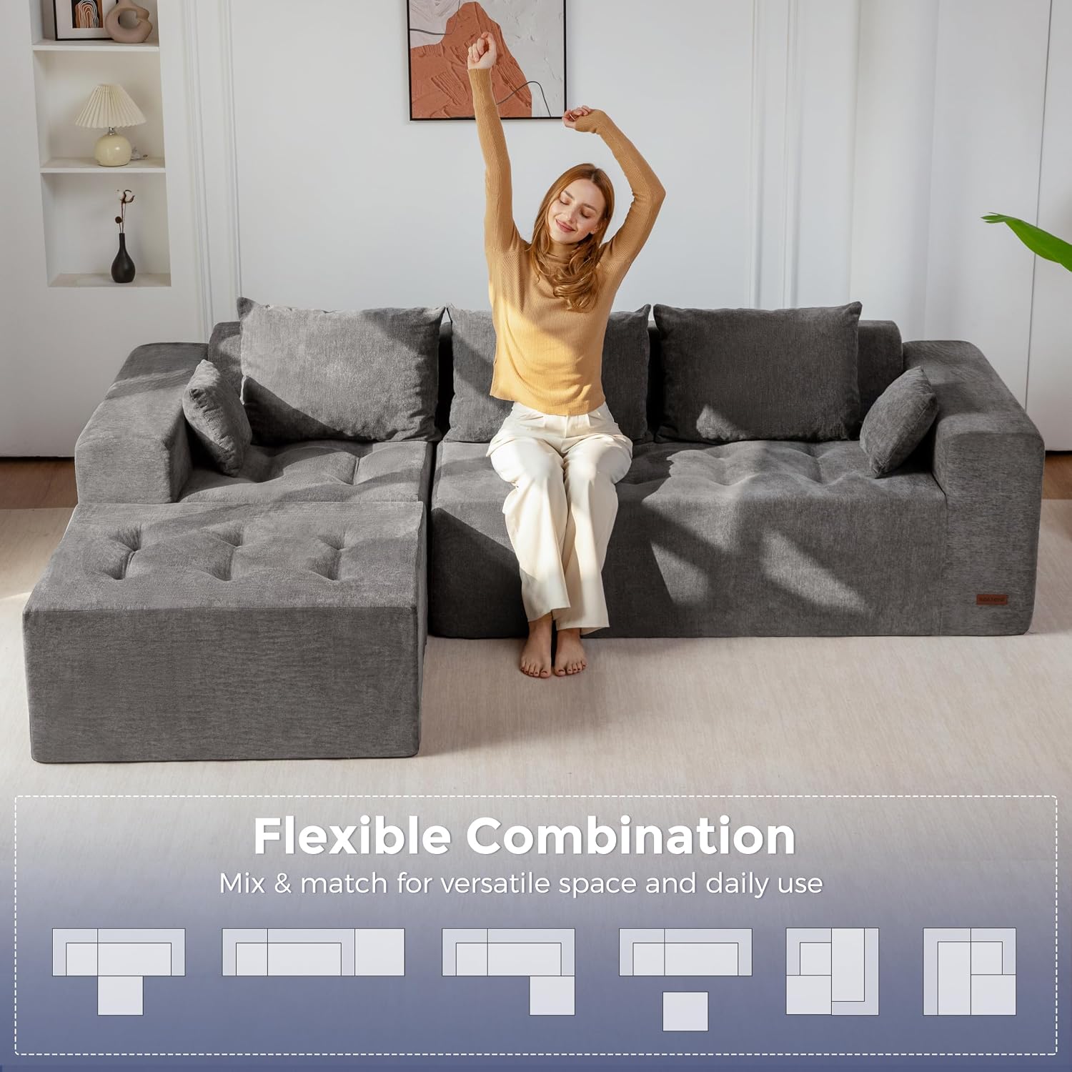 MAXYOYO Modular Sectional Sofa Couch, L Shaped Cloud Couch with Flexible Ottoman, Chenille Upholstered Living Room Sofa Chair for Living Room, No Assembly Required, Light Grey