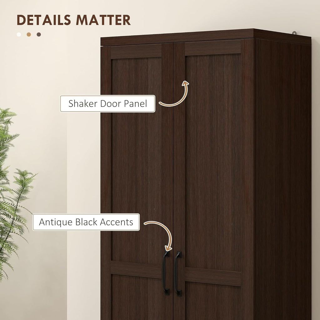 HOMCOM 63" 2-Door Kitchen Pantry 5-Tier Cinnamon Cherry Wood Grain | Freestanding Storage Cabinet, Shelving, 2 Adjustable Shelves, for Dining Room