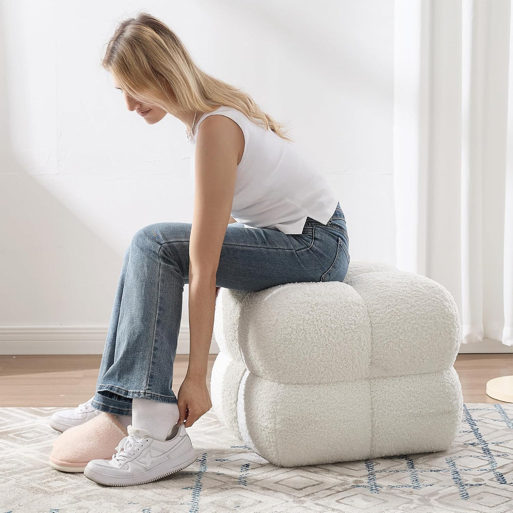 Zesthouse Square Pouf Ottomans Set of 2, Modern Backless Vanity Stool for Bedroom, White Fuzzy Foot Rest for Couch, Upholstered Tufted Footstool, Sherpa Fabric Ottoman Coffee Table for Living Room