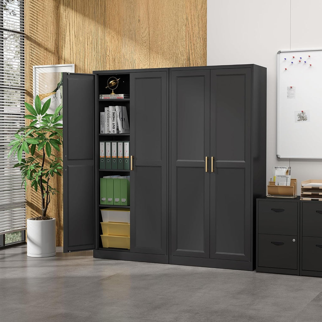 Steeloong 71"Metal Pantry Storage Cabinet with Doors & 4 Adjustable Shelves | Kitchen Pantry Cabinet,Black Kitchen Cabinet with 2 Gold Handles,Tall Cabinet for Livingroom,Pantry, Bathroom,Kitchen,Garage