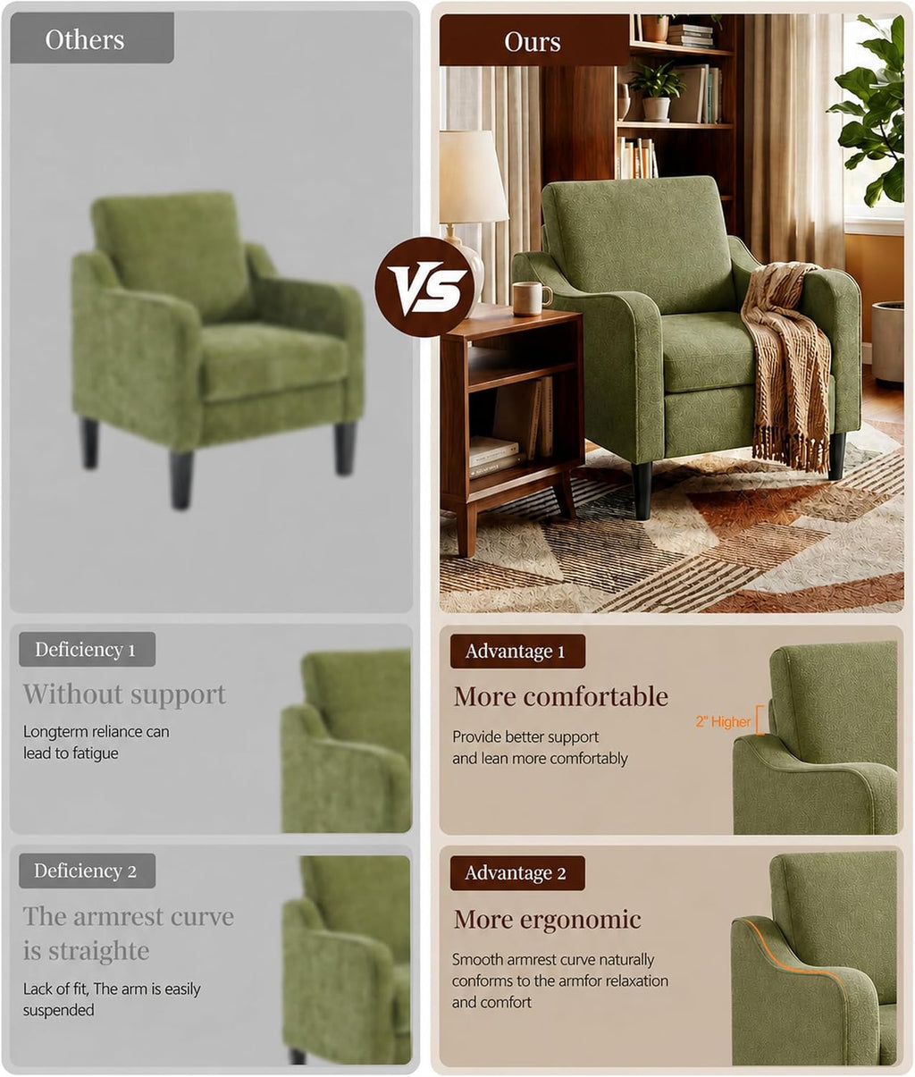 LEVELEVE Accent Arm Chair – Olive Green, Upholstered Scooped Comfy Reading Chair for Living Room, Bedroom, Apartment, Waiting Room