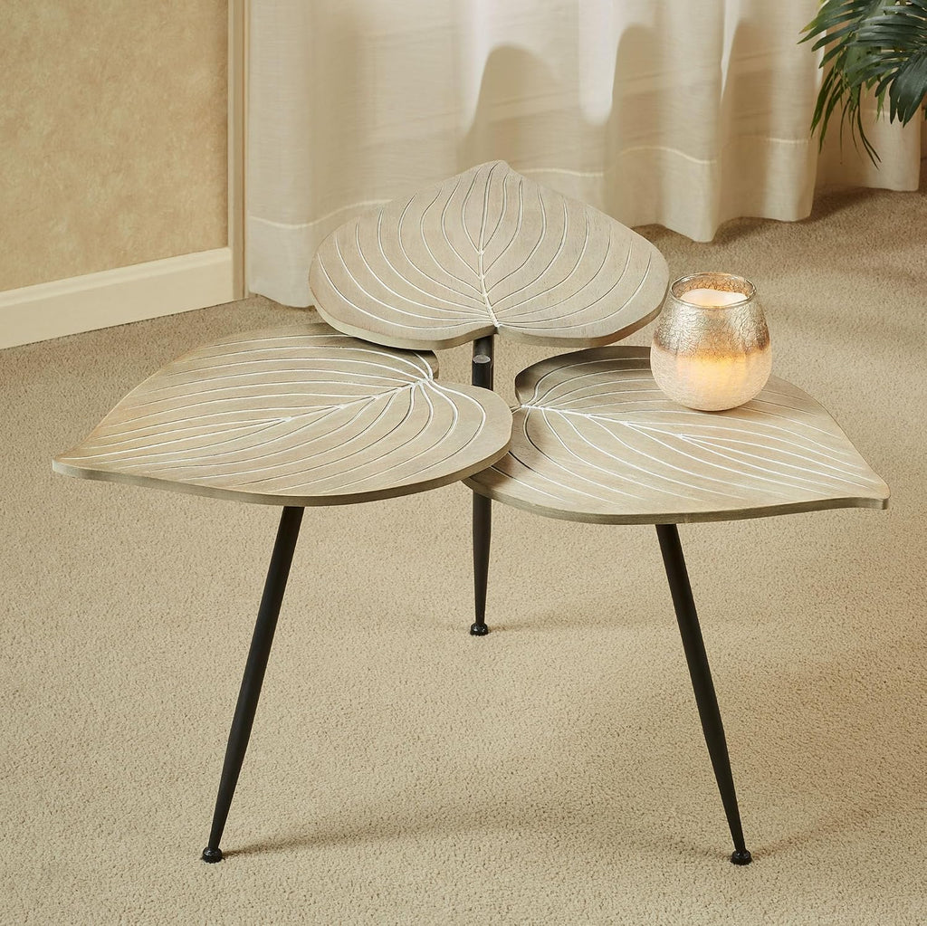 Delft Isle Natural-Inspired Shaped Accent Table | Neutral Almond Finish with Whitewash Detailing | Three-Tiered Leaf Tabletop with Veining | Black Tripod Metal Legs | Whimsical Leaves Wood Furniture