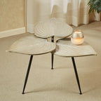 Delft Isle Natural-Inspired Shaped Accent Table | Neutral Almond Finish with Whitewash Detailing | Three-Tiered Leaf Tabletop with Veining | Black Tripod Metal Legs | Whimsical Leaves Wood Furniture