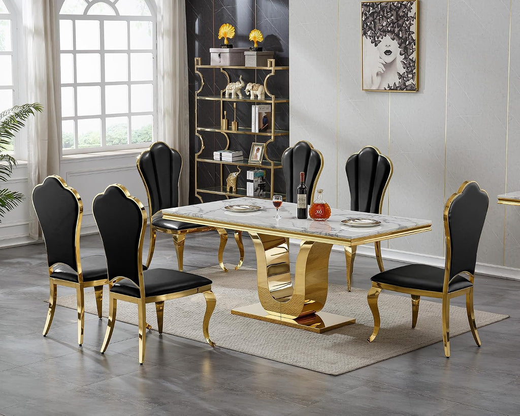White Marble Dining Table for 6 Modern Luxury Faux Marble Kitchen Table for 6, 68" Large Dining Room Tables with U-Shape Gold Stainless Steel Base