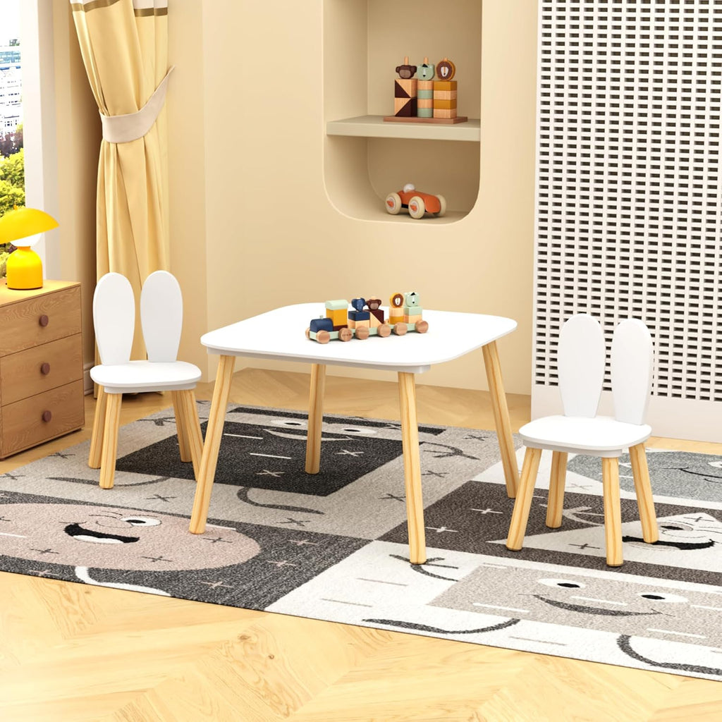 Kids Table and 2 Chairs Set, 3 Piece Wooden Toddler Table and Chair Set, White Activity Play Table and Chairs for Kids, Children's Art Desk Set (Rabbit Theme)