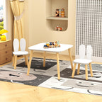 Kids Table and 2 Chairs Set, 3 Piece Wooden Toddler Table and Chair Set, White Activity Play Table and Chairs for Kids, Children's Art Desk Set (Rabbit Theme)