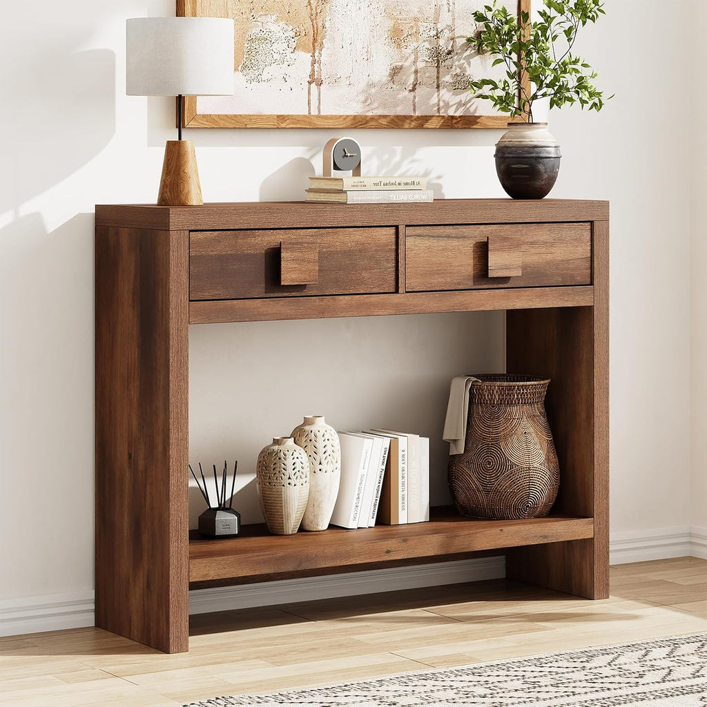 ONBRILL 40 Inch Narrow Console Table with Drawers and Open Shelves