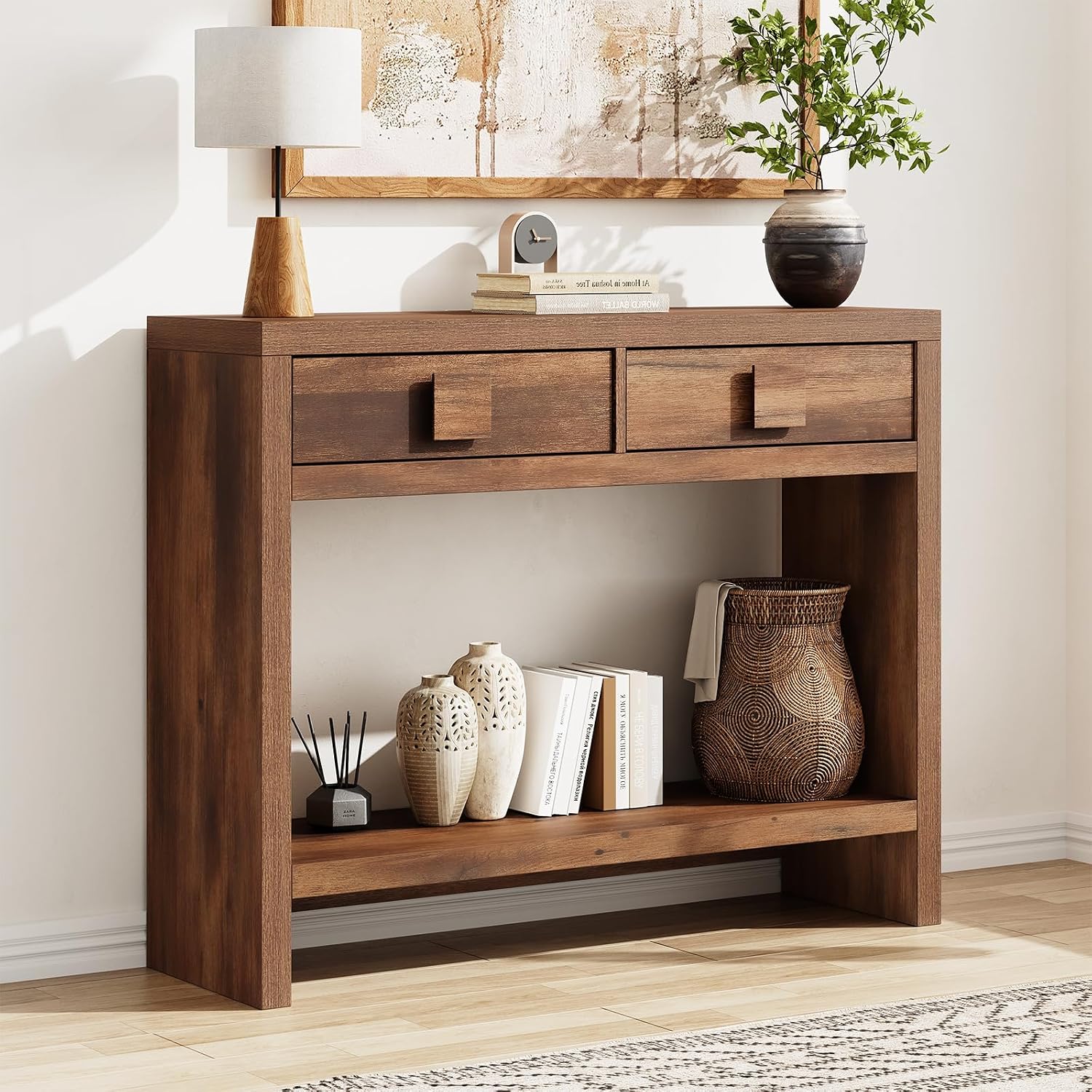 ONBRILL 40 Inch Narrow Console Table with Drawers and Open Shelves