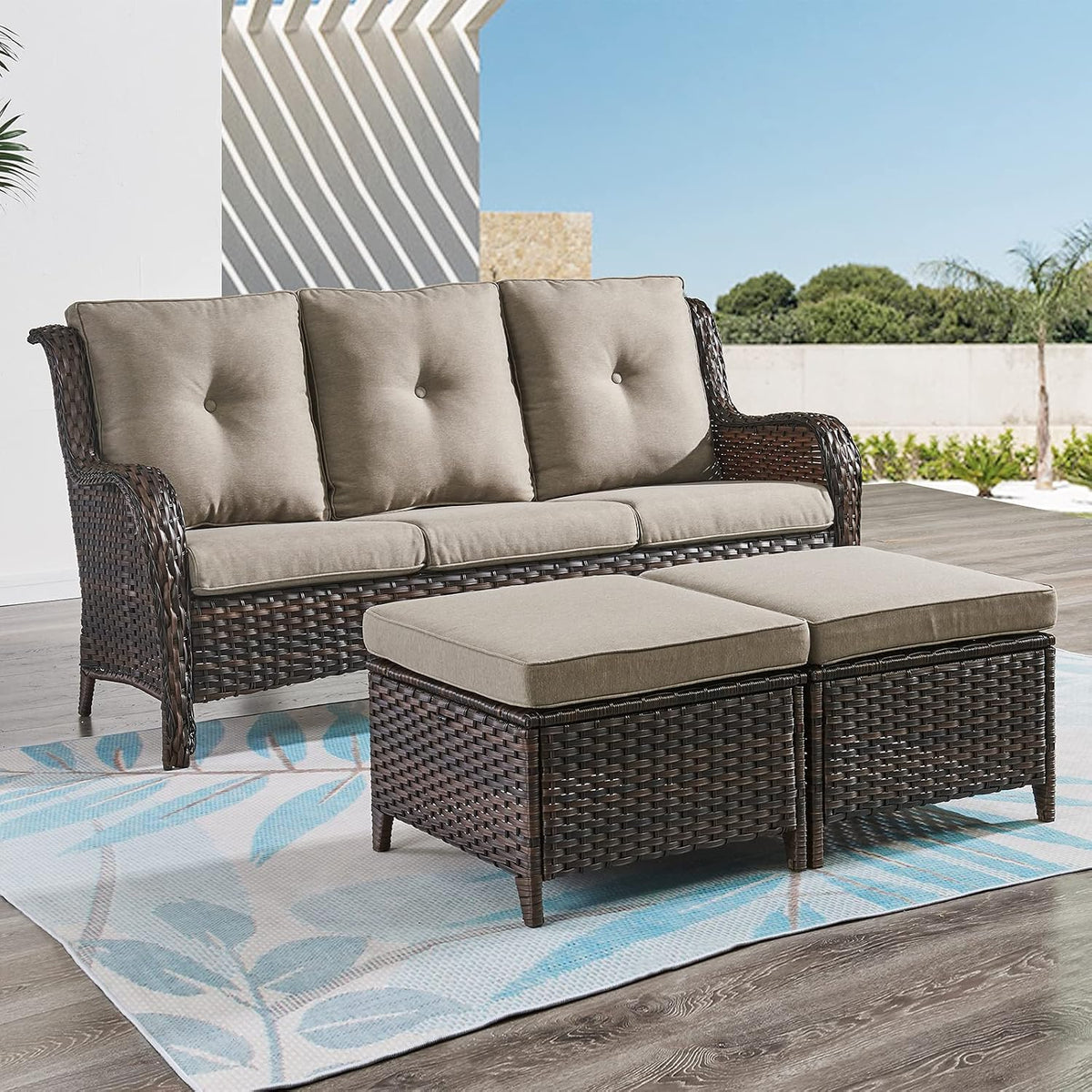 Outdoor Ottomans Patio Foot Rest - 2 Piece Wicker Rattan Ottoman Footrests Footstools with Comfortable Cushions for Patio Porch Deck Balcony Garden(Brown Wicker/Grey Cushion)