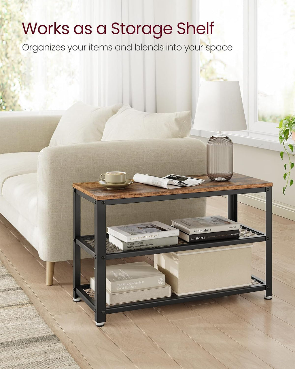 VASAGLE 3-Tier Shoe Rack, Shelf Storage Bench with Metal Mesh Shelves and Seat, Free Standing Shoe Organizer for Entryway, 11.8 x 28.7 x 17.7 Inches, Rustic Brown and Black ULBS73X