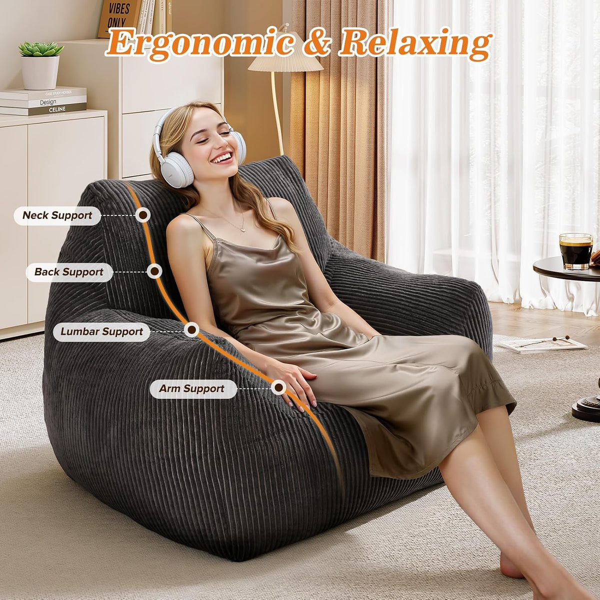 Big Bean Bag Chair for Adults, Ultra Soft BeanBag for Living Room | Stuffed BeanBag Chair with Armrests for Napping, Gaming, Vacuum-Compressed for Easy Gifting, 48 Hours to Fluffs Up, Dark Gray