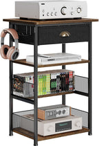 Hongtamoya 4-Tier AV Media Stand with Drawer, Gaming Console Shelf | Audio Rack Tower with 2 Hooks for PS5, Xbox, Switch, DVD Player, Record Player, Projector and TV Accessories Storage