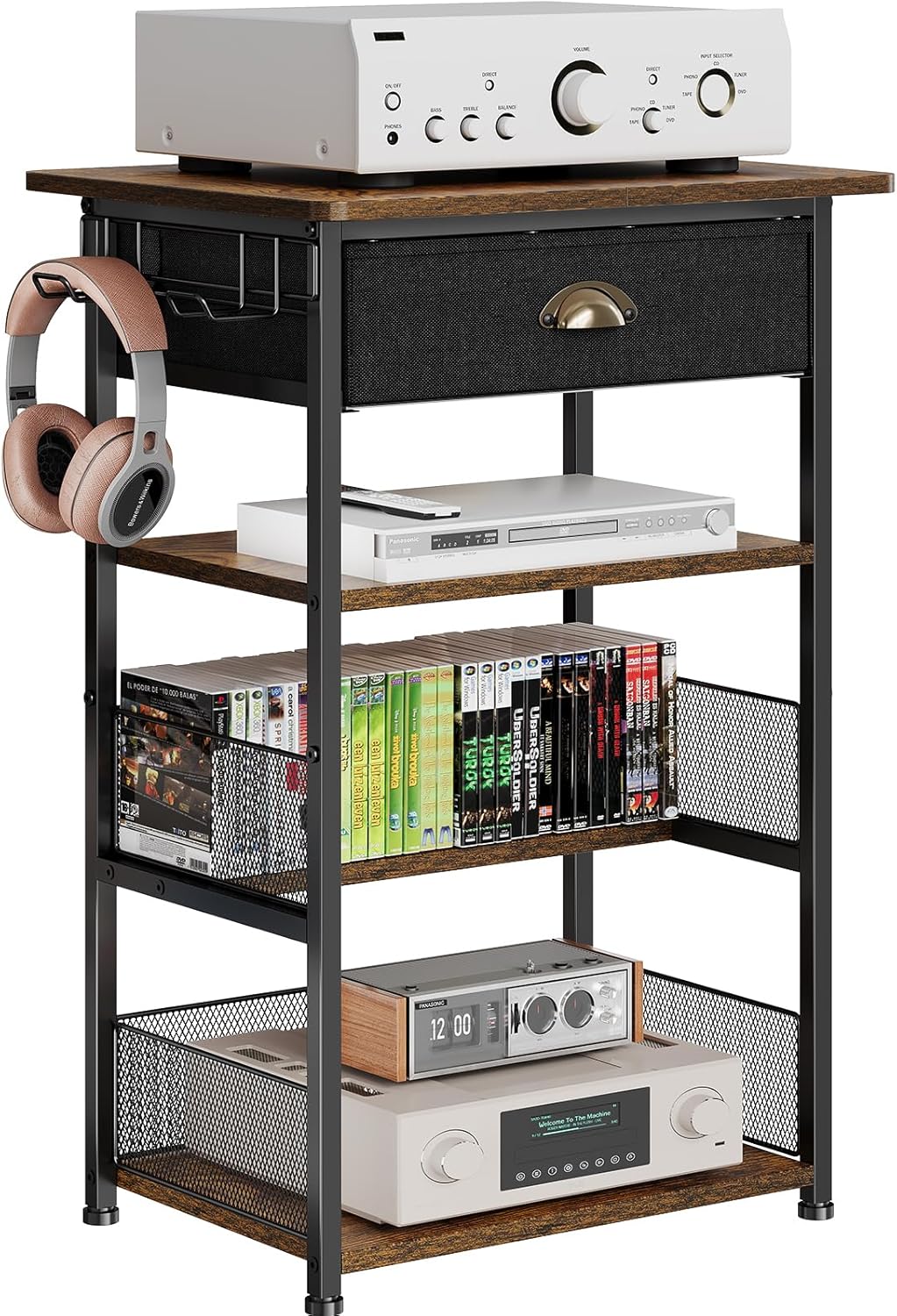 Hongtamoya 4-Tier AV Media Stand with Drawer, Gaming Console Shelf | Audio Rack Tower with 2 Hooks for PS5, Xbox, Switch, DVD Player, Record Player, Projector and TV Accessories Storage