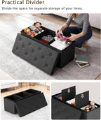 GLAXYFUR 43" Storage Ottoman Bench, Folding Ottoman with 2 Dividers, Black | End of Bed Bench, PU Leather Foot Rest, Storage Chest for Living Room, Bedroom and Entryway