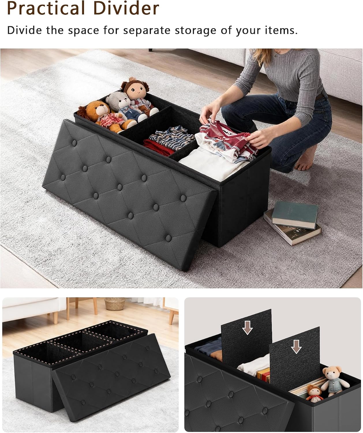 GLAXYFUR 43" Storage Ottoman Bench, Folding Ottoman with 2 Dividers, Black | End of Bed Bench, PU Leather Foot Rest, Storage Chest for Living Room, Bedroom and Entryway