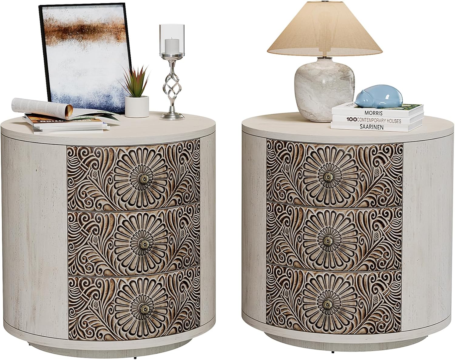 SUNBURY Round Night Stand Set of 2, Farmhouse Bedside Table, Farmhouse End Table, Vintage Wood Nightstand with Drawers, Round Accent Table for Living Room, Bedroom, No Assembly Required