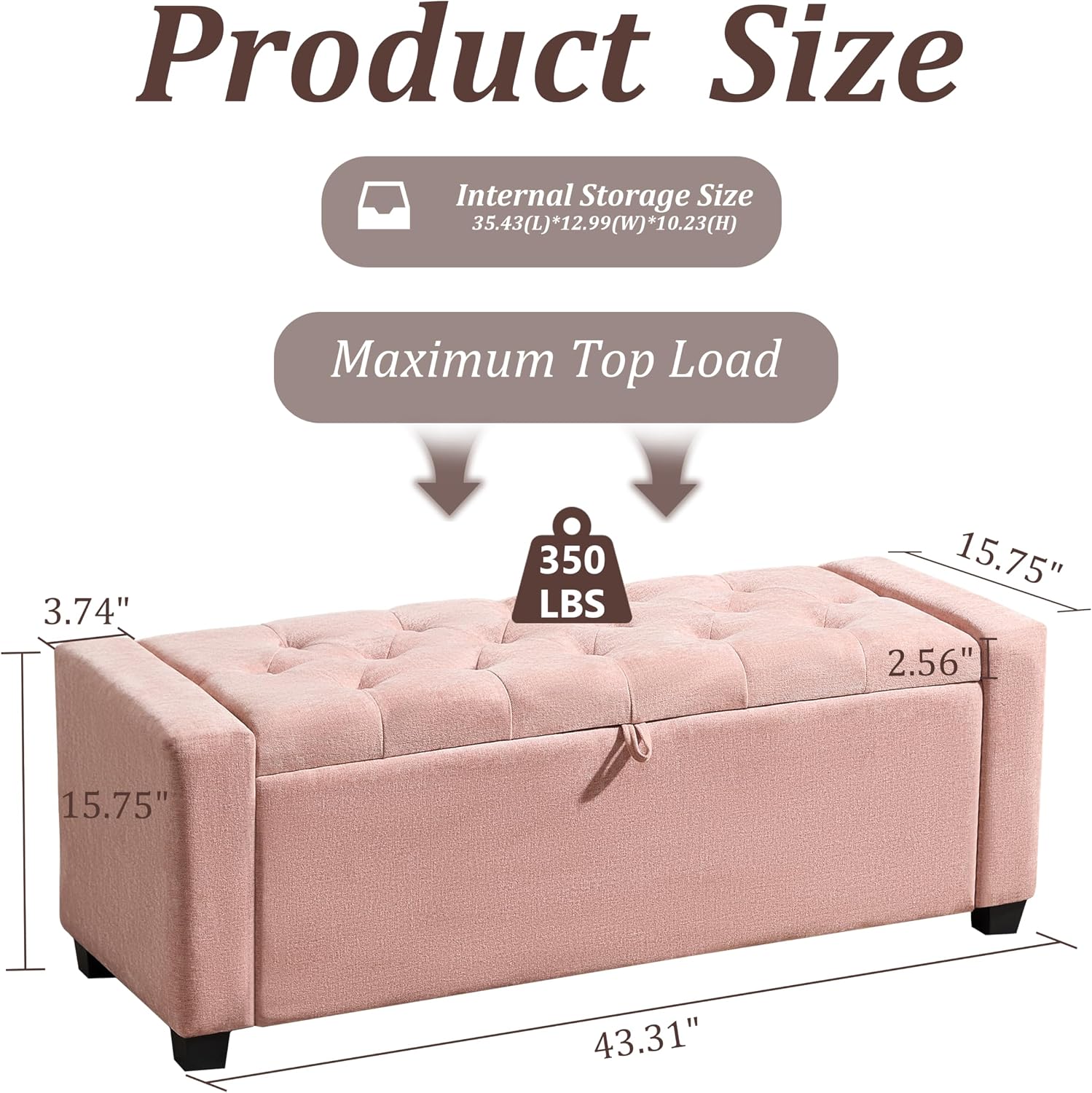 Royal Windsor Ottoman with Storage,Tufted Storage Bench with Safety Hinge,Holds up to 350 lb,Upholstered Bench with Seating for Bedroom, Living Room,Entryway,Pink