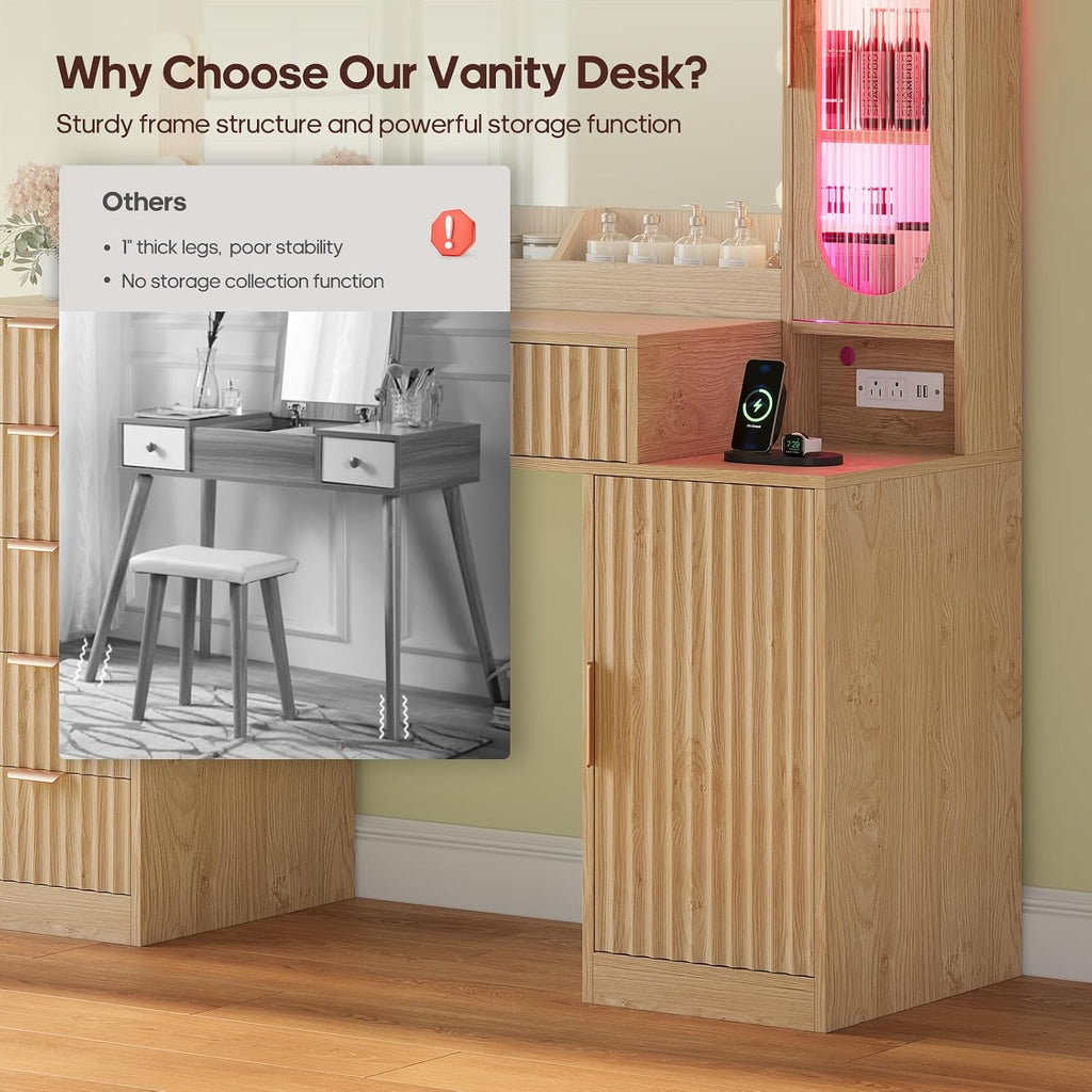 BTHFST Fluted Wood Vanity Desk with Large 31.5" Mirror and Lights, Oak | 46.1" Makeup Vanity with Charging Station, Glass Cabinet with RGB Lights, Dressing Table with 6 Drawers & Cabinet & Shelves