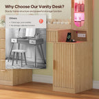 BTHFST Fluted Wood Vanity Desk with Large 31.5" Mirror and Lights, Oak | 46.1" Makeup Vanity with Charging Station, Glass Cabinet with RGB Lights, Dressing Table with 6 Drawers & Cabinet & Shelves