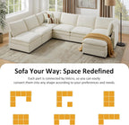 VANOMi U Shape Modular Sectional Sofa Couch for Living Room, Oversized Modern Sleeper Cloud Couch with Deep Seat Double-Layer Thick Cushion Ottoman, Convertible Upholstered Sofa Set, Ivory White