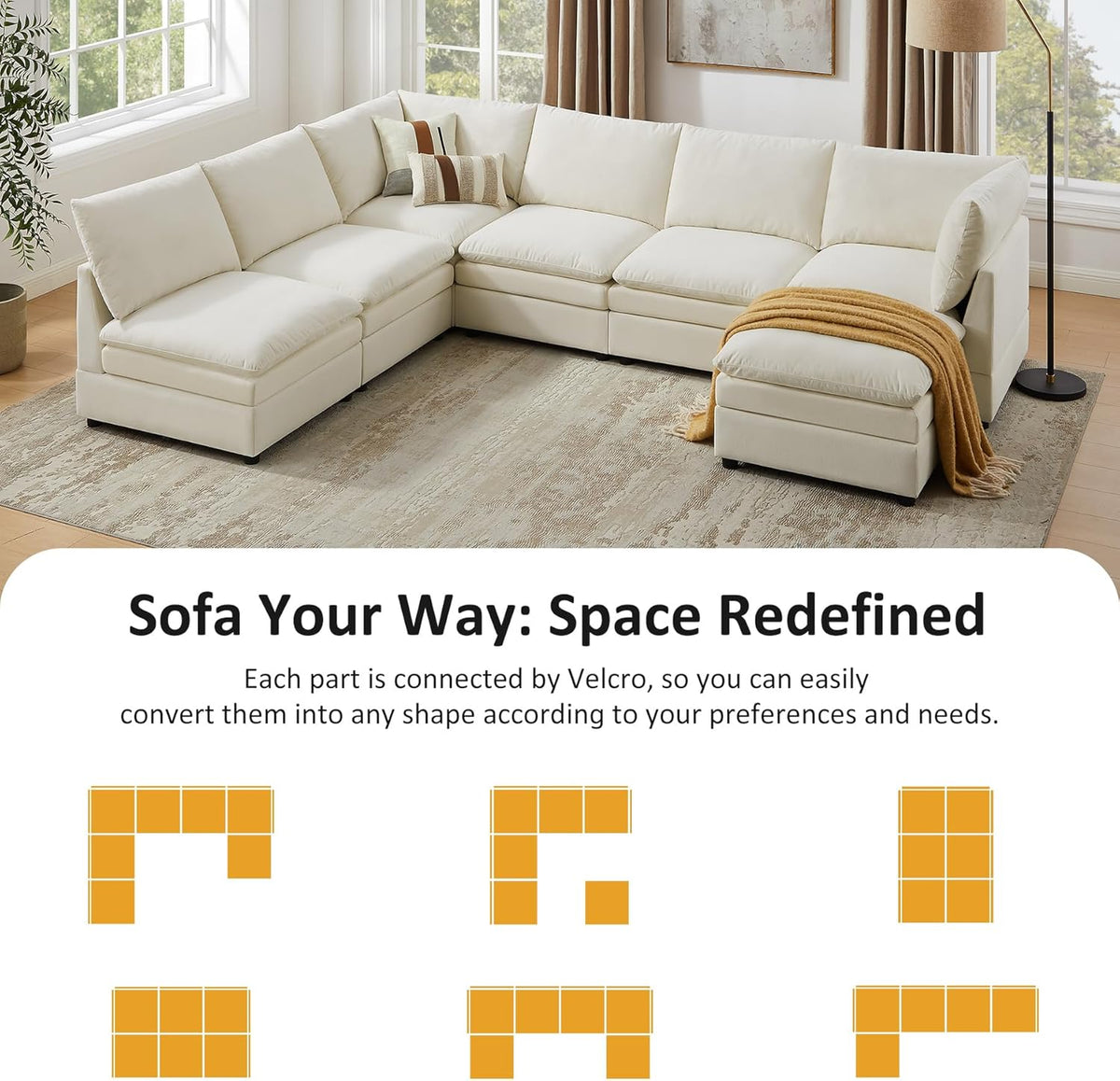 VANOMi U Shape Modular Sectional Sofa Couch for Living Room, Oversized Modern Sleeper Cloud Couch with Deep Seat Double-Layer Thick Cushion Ottoman, Convertible Upholstered Sofa Set, Ivory White