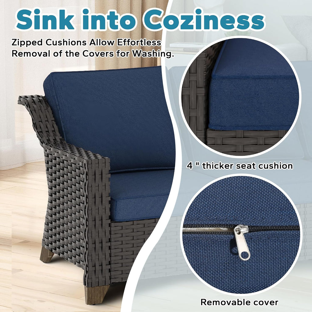 4 Pieces Patio Conversation Furniture Set - 2 Chairs with Ottomans Set of 2, Outdoor Wicker Armchairs with Water-Resistant and Washable Cushions for Porch, Balcony, Sunroom (Navy Blue)