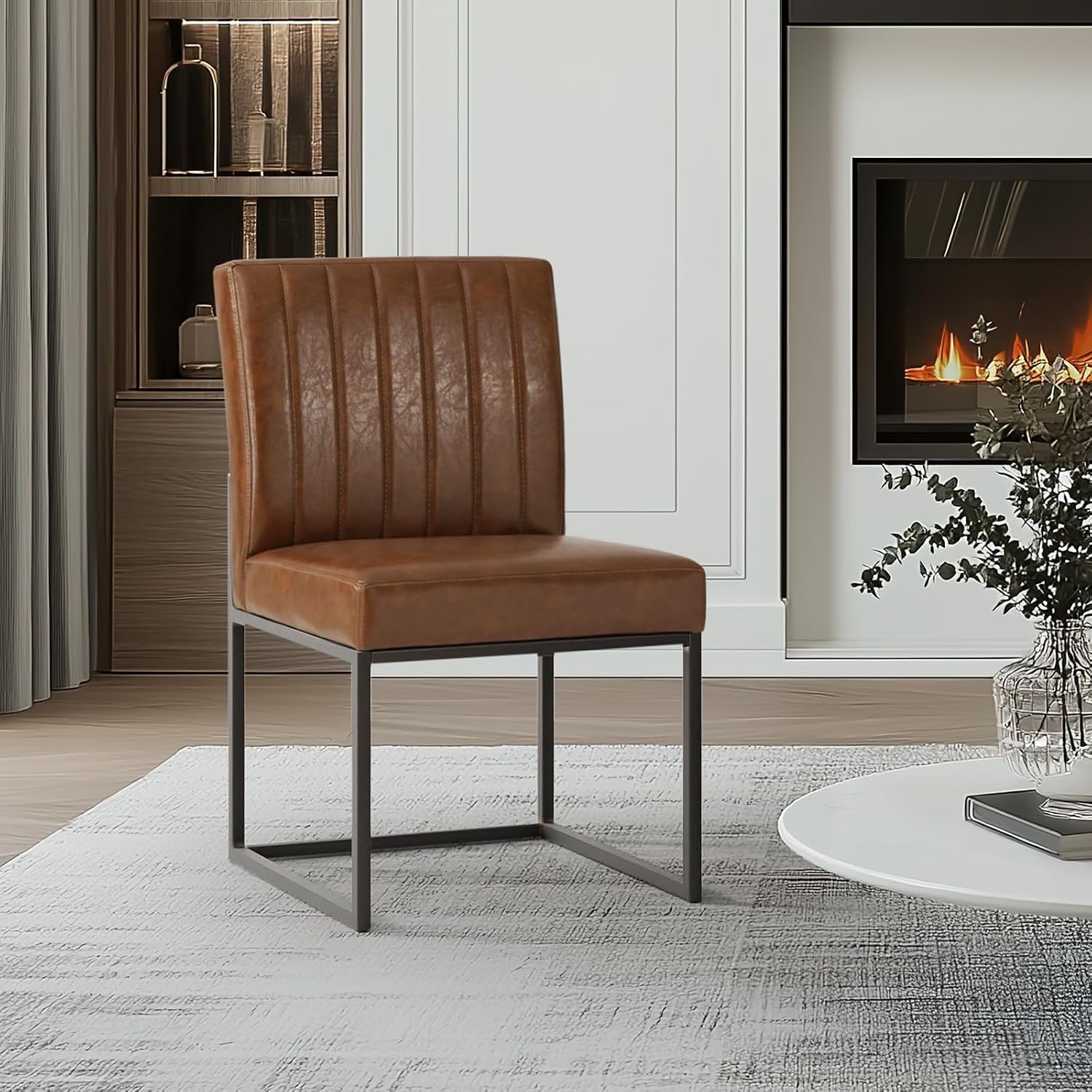Kitchen Chairs Set of 2, Upholstered PU Leather Dining Chairs Metal Frame | Mid Century Modern Side Chairs Industrial Brown Accent Chair for Dining Room, Living Room, Waiting Room, Reception, Office