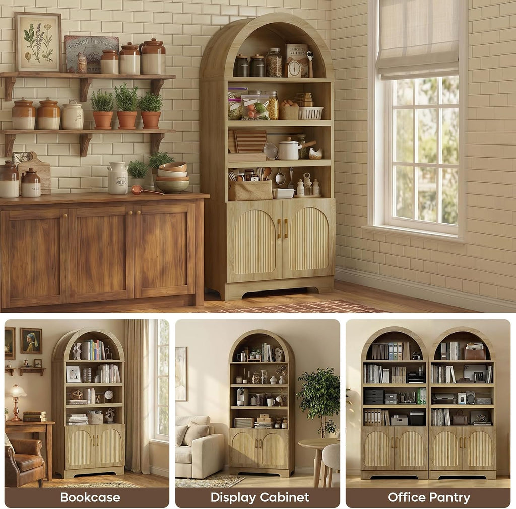Bestier 71" Tall Arched Kitchen Pantry, Arched Cabinet with Doors, Modern Farmhouse Wood Kitchen Storage Cabinets with 3-Tier Adjustable Shelves, Cupboard for Living Room, Dining Room, Kitchen, Oak