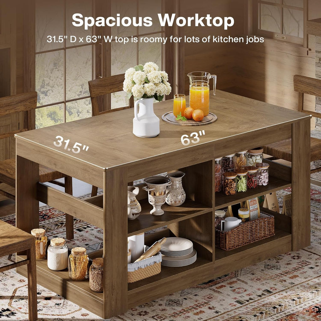 Tribesigns 63 Inch Kitchen Island with Seating and Storage, 3-Tier Farmhouse Stationary Island Table with Large Worktop & Leg Room, Coffee Bar Table with Shelves for Kitchen, Dining Room, Rustic Brown