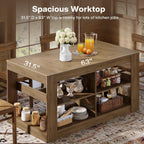 Tribesigns 63 Inch Kitchen Island with Seating and Storage, 3-Tier Farmhouse Stationary Island Table with Large Worktop & Leg Room, Coffee Bar Table with Shelves for Kitchen, Dining Room, Rustic Brown