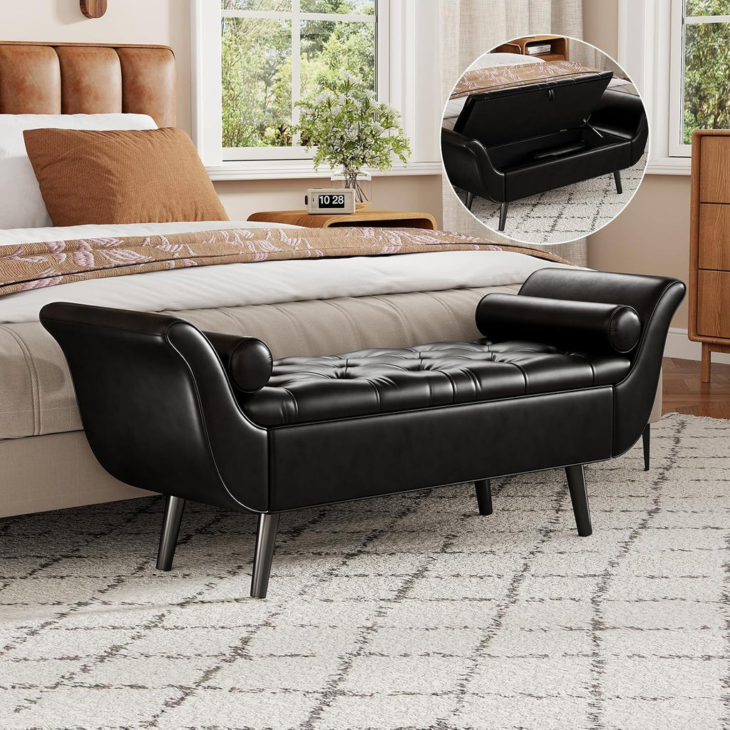 Faux Leather Storage Bench for Bedroom End of Bed, 65-Inch Rolled Arm Upholstered Bench with Hidden Storage, Black End of Bed Bench with Sturdy Wood Frame, Space-Saving Entryway Ottoman Seat (Black)
