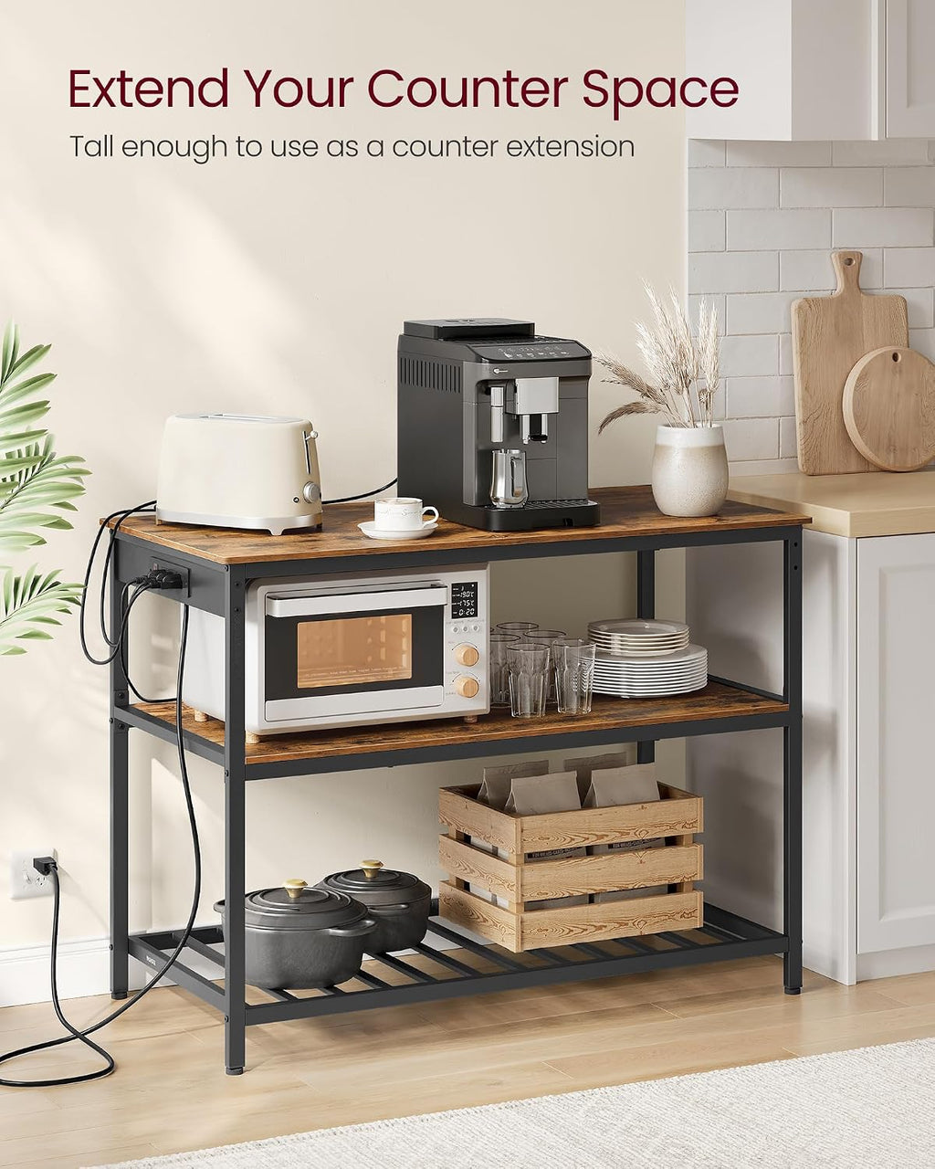 VASAGLE Kitchen Island with 3 Shelves, Storage Cabinet, Steel Structure | Kitchen Shelf with Large Wooden Worktop, 47.2 Inches Width, Rustic Brown and Matte Black, BARNET Collection UKKI101K01