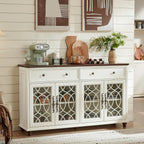 Joaxswe Farmhouse Sideboard Buffet Cabinet with Storage,59" Large Credenza with 4 Glass Doors & 2 Drawers, Wood Kitchen Coffee Bar, Adjustable Shelves Console Table for Dining Room,Living Room,White
