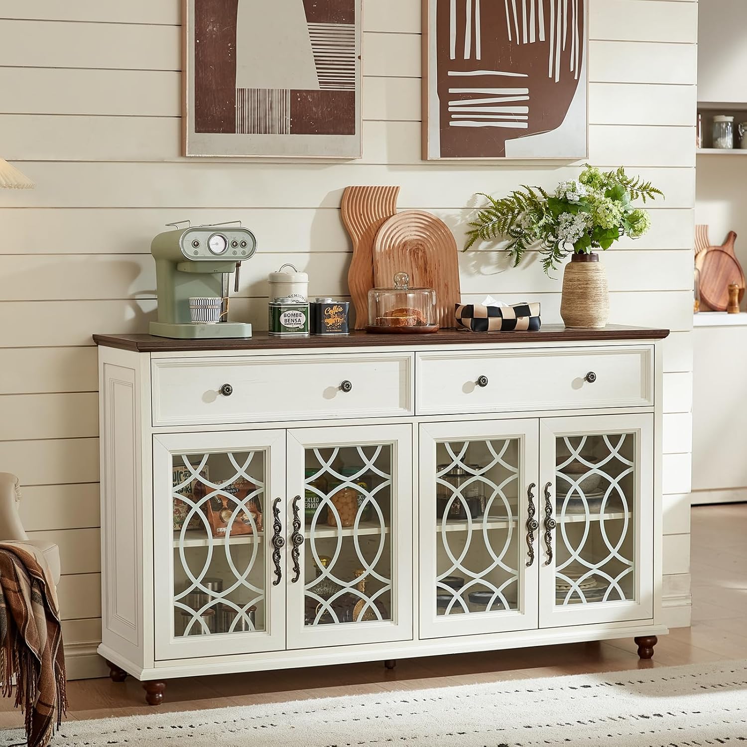 Joaxswe Farmhouse Sideboard Buffet Cabinet with Storage,59" Large Credenza with 4 Glass Doors & 2 Drawers, Wood Kitchen Coffee Bar, Adjustable Shelves Console Table for Dining Room,Living Room,White