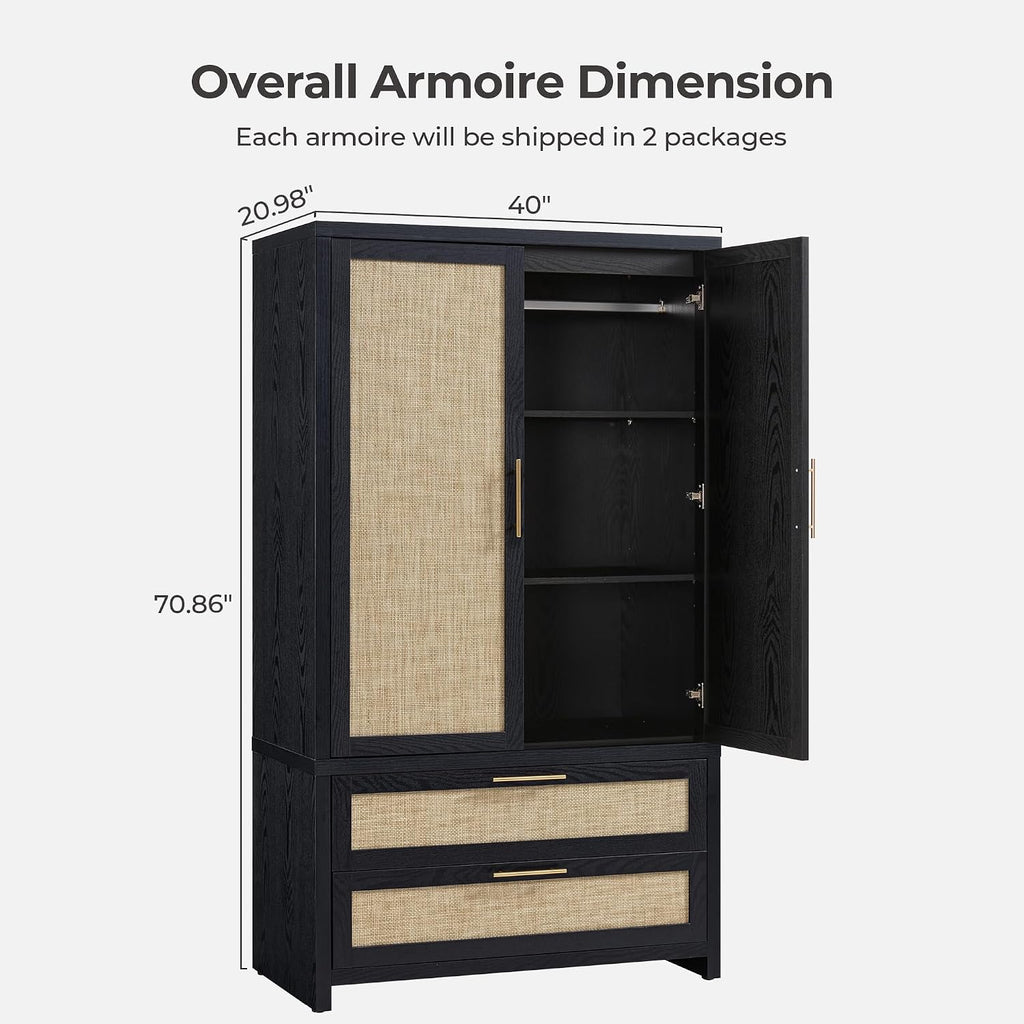 SICOTAS Rattan Armoire Wardrobe Closet, 71 inch Boho Wardrobe with Drawers | Farmhouse Storage Cabinet Armoire with Hanging Rod, Large-Capacity Deep Armoire Clothes Organizer for Bedroom, Cloak Room