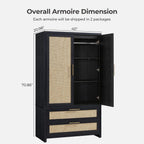 SICOTAS Rattan Armoire Wardrobe Closet, 71 inch Boho Wardrobe with Drawers | Farmhouse Storage Cabinet Armoire with Hanging Rod, Large-Capacity Deep Armoire Clothes Organizer for Bedroom, Cloak Room