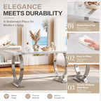 Asday 60" White and Silver Dining Table for 4-6, Modern Rectangle Wood Kitchen Table with Mirrored Chrome U-Shaped Metal Base for Dining Room, Kitchen, Dinner