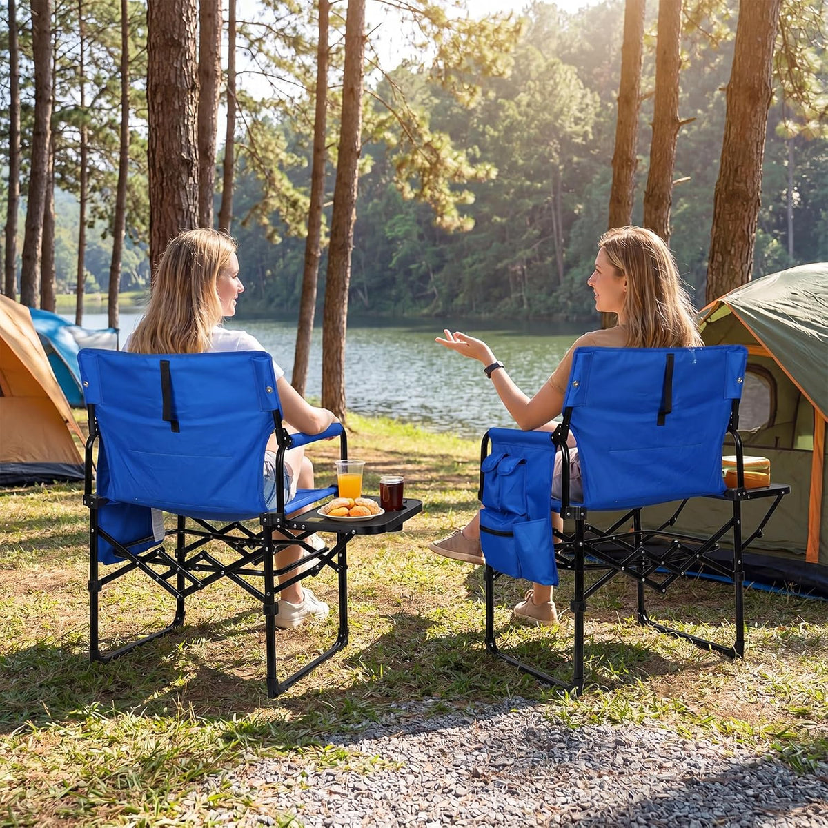 Romswi 2Pack Director Chairs for Outdoor, Folding Camping Chair, Compact Directors Chair Side Table and Side Bag, Heavy Duty Oversize Chair for Beach Fishing Picnic, Holds up to 400 lbs Blue