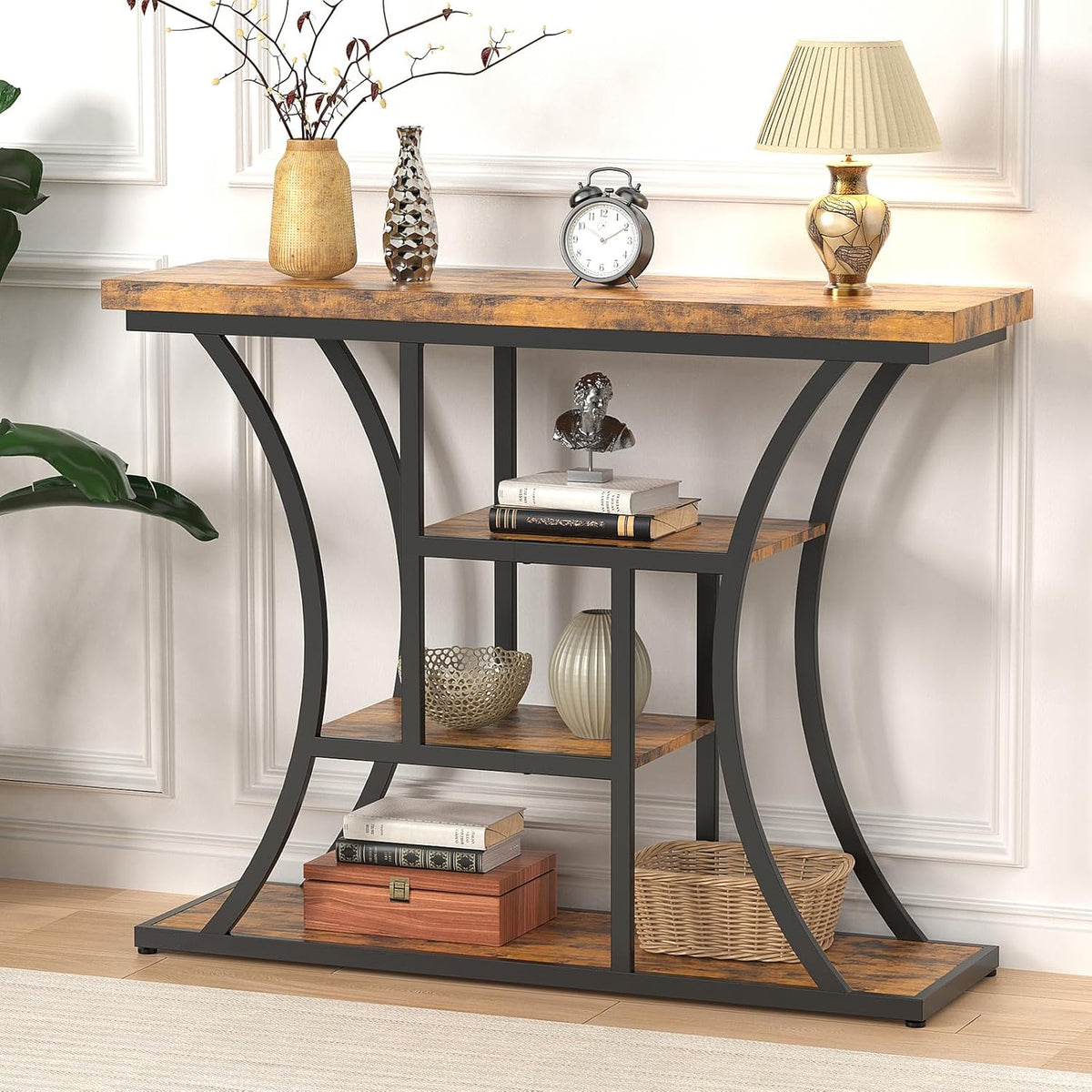 41.3" Industrial 4 - Tier Console Table with Curved Metal Frame, Narrow Long Sofa Table & Entryway Table with Storage Shelves for Living Room, Accent Table for Hallway Furniture Foyer