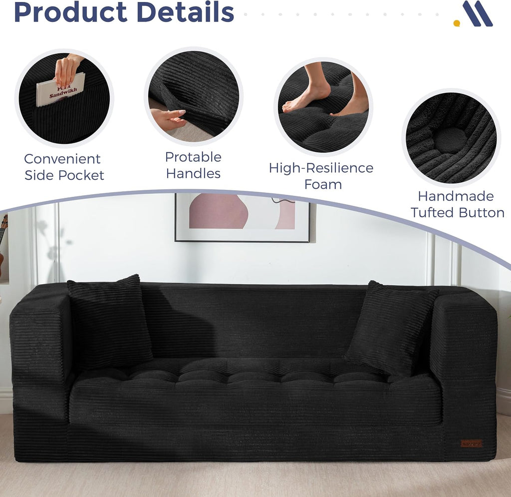 MAXYOYO Folding Sofa Bed, Convertible Loveseat Couch with Pillow | 3-Seat Foldable Floor Sofa Bed with Back Support, Tufted Floor Couch with Side Pocket & Armrests for Living Room, Apartment