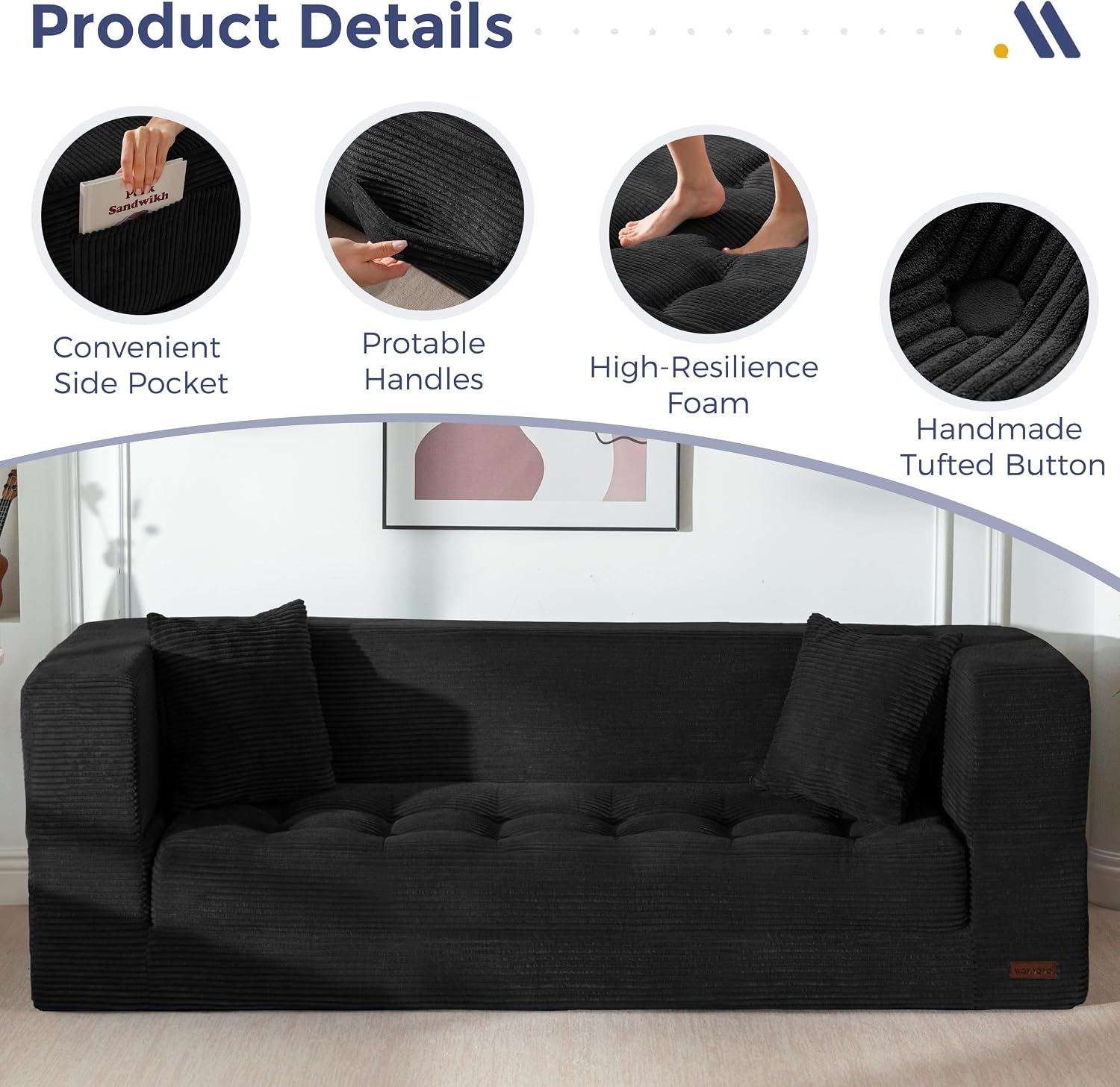 MAXYOYO Folding Sofa Bed, Convertible Loveseat Couch with Pillow | 3-Seat Foldable Floor Sofa Bed with Back Support, Tufted Floor Couch with Side Pocket & Armrests for Living Room, Apartment