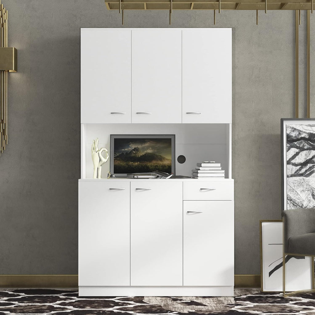 LUMISOL Kitchen Pantry Cabinet, Solid Wood Kitchen Hutch with Microwave Stand, 70.87” Tall Sideboard with 6 Doors, 1 Open Shelves and 1 Drawers for Living Room, Dining Room, White