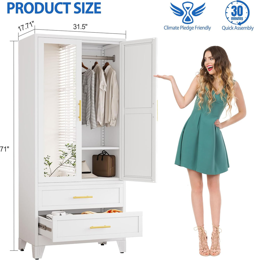 GAIOUS Steel Armoire Wardrobe Closet with Mirror and 2 Drawers 71" White | Clothes Storage Cabinets with 2 Doors, 1 Adjustable Shelf, Metal Wardrobe Cabinet with Hanging Rod for Bedroom, Gym, Cloak