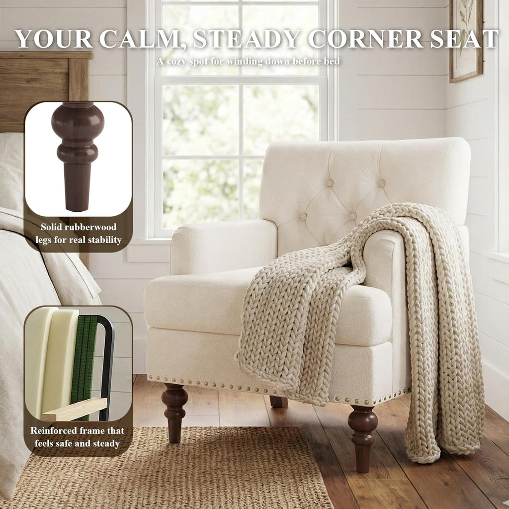 MALOL Modern Accent Chairs Set of 2 for Living Room, Comfy Bedroom Reading Armchair, Upholstered Single Sofa Chair with Thick Cushion &Wood Legs for Small Spaces, Beige