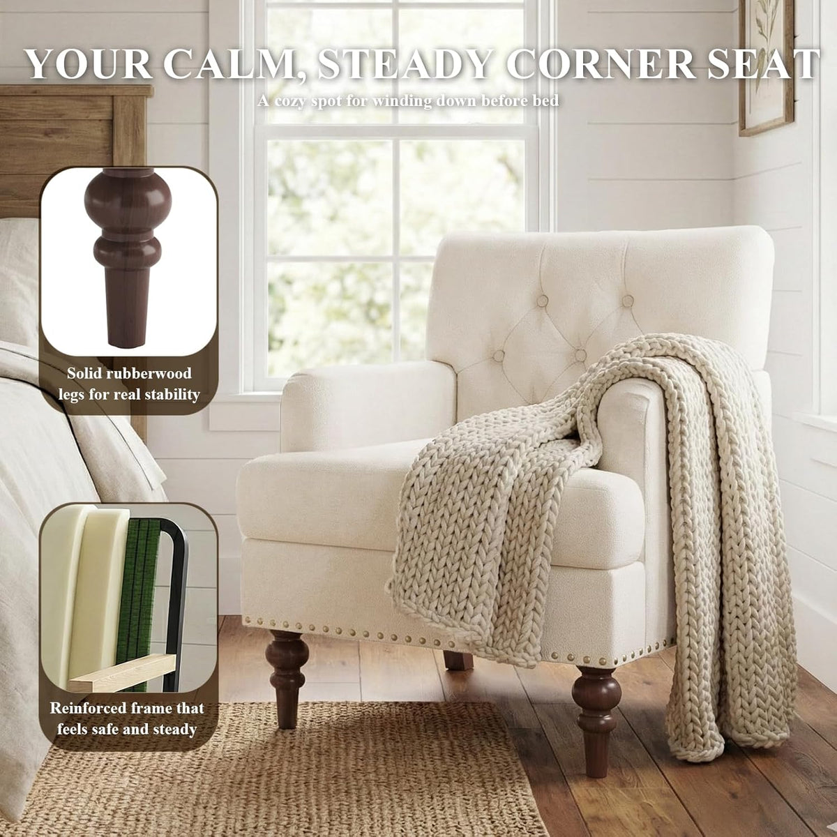 MALOL Modern Accent Chairs Set of 2 for Living Room, Comfy Bedroom Reading Armchair, Upholstered Single Sofa Chair with Thick Cushion &Wood Legs for Small Spaces, Beige
