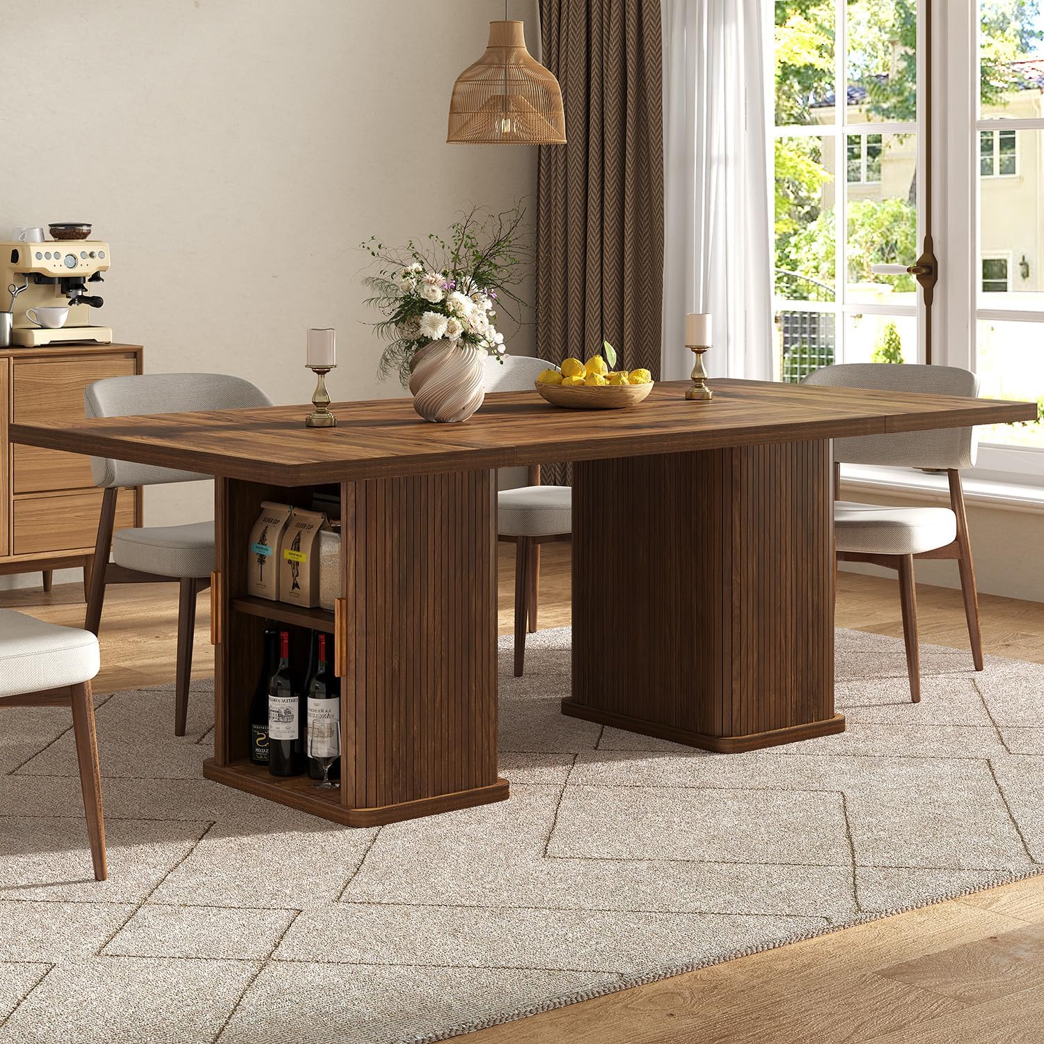78.7" Long Rectangle Dining Table with Fluted Storage Legs for 6/8/10, Farmhouse Dinner Tables with Large Tabletop, Storage Shelves and Sliding Tambour Doors for Dining Room, Kitchen, Living Room