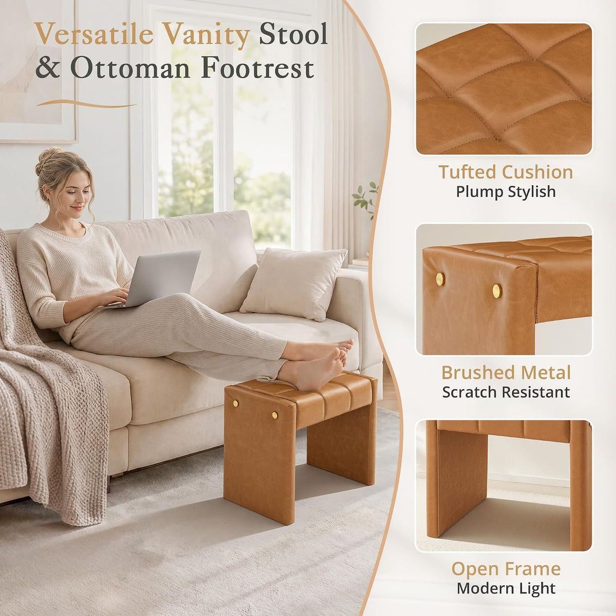 LUE BONA Modern Grid Tufted Vanity Bench Stool, 4.33'' Thick Chenille Upholstered Ottoman Footstool for Makeup Room, Bedroom & Living Room, 200lbs Capacity, Brown
